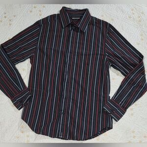 dkny mens small black red stripped long sleeve button up shirt